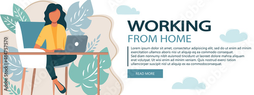 Home office concept, woman working from home, student or freelancer. Vector illustration in flat style	
