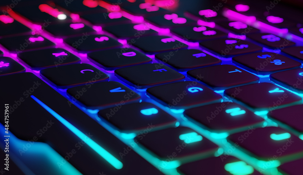 Laptop keyboard on a dark background with colored LEDs. Close up of the keyboard. Concept of computer use, online shopping. .3d render, 3d illustration.