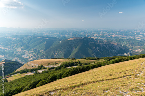 Panoramic view towards north from the summit of Monte Nerone in the Pesaro Urbino province (Marche, Italy). Monte Montiego in the foreground.