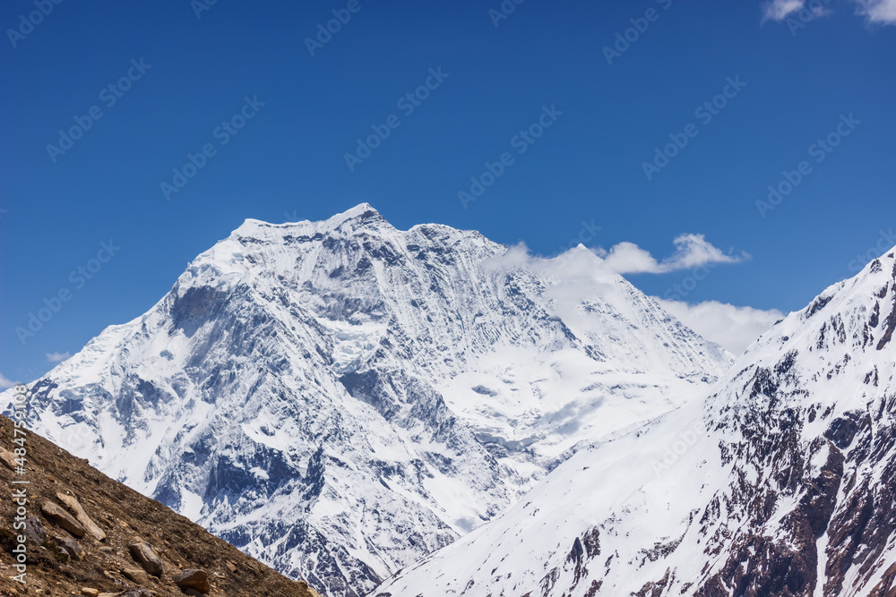 Mountain snow-capped peaks in the Manaslu region