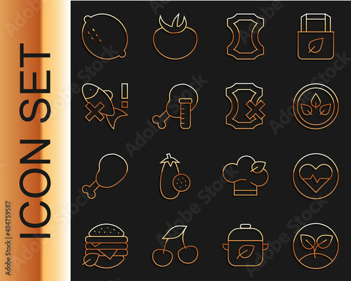 Set line Sprout, Heart rate, Vegan food diet, Leather, Genetically modified chicken, No fish, Lemon and leather icon. Vector