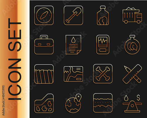 Set line Oil money, Crossed ruler and pencil, Exhibition with minerals, rocks, Ore mining, drop document, Briefcase, Compass and Seismograph icon. Vector