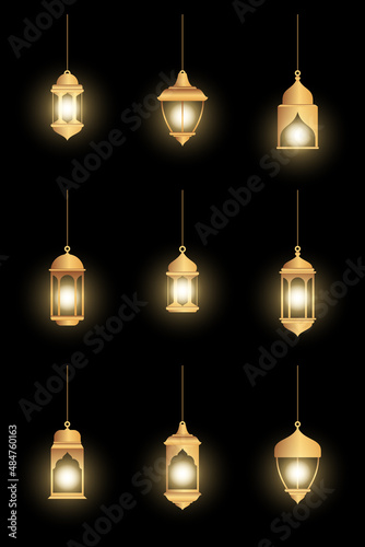 Oriental lamps. Arab lanterns hang on gold chains. Isolated realistic decorative lighting. Ramadan vector banner. Illustration lantern and lamp light muslim
