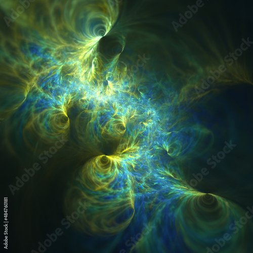 Abstract fractal art background of weird pointy peaks in green, blue and yellow. © synthetick