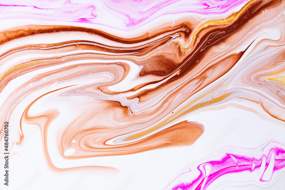 Fluid art texture. Abstract background with swirling paint effect. Liquid acrylic artwork with beautiful mixed paints. Can be used for interior poster. Pink, white and brown overflowing colors.