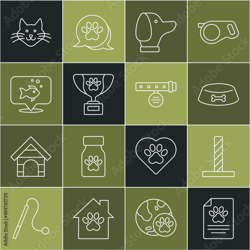 Set line Medical clinical record pet, Cat scratching post with toy, Pet food bowl for cat dog, Dog, award symbol, Fish, and Collar name tag icon. Vector