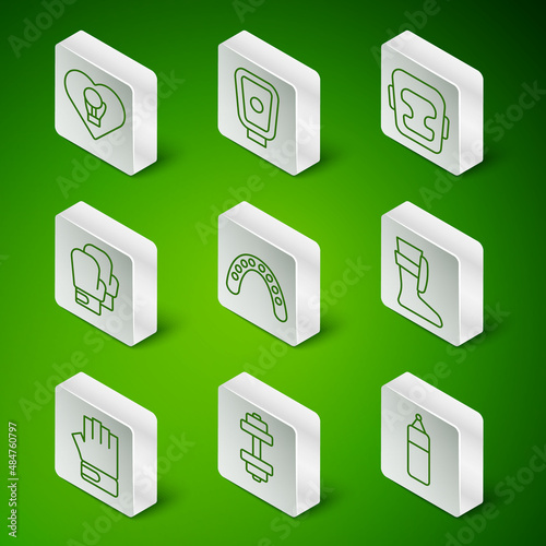 Set line Punching bag, Dumbbell, Boxing glove, Mouth guard boxer, training paws, MMA and Sport boxing shoes icon. Vector