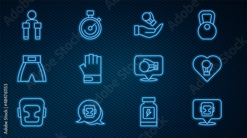 Set line Boxing helmet, glove, MMA, short, Jump rope, and Stopwatch icon. Vector