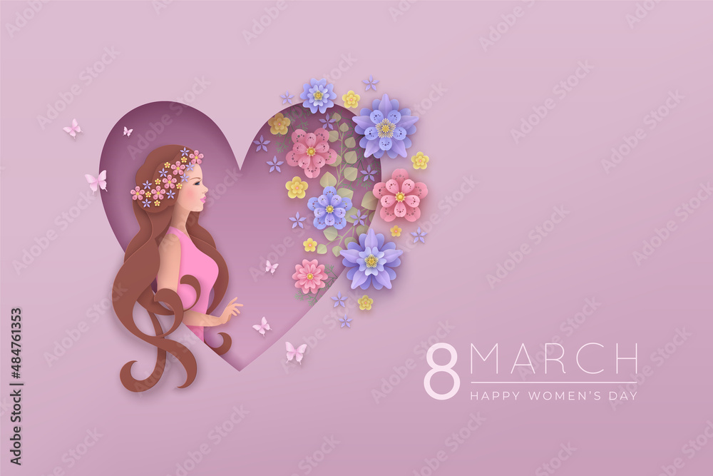 Women's day greeting card with woman and flowers