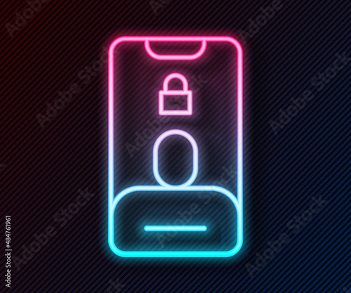 Glowing neon line Incoming call on mobile phone icon isolated on black background. Friends call. Vector