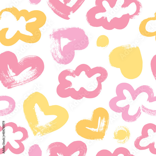 Seamless pattern with hearts, clouds and polka dots in pink and yellow colors. The pattern is drawn with a dry brush.