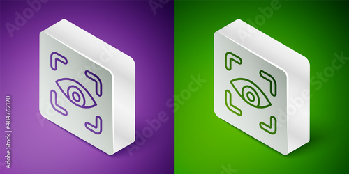 Isometric line Eye scan icon isolated on purple and green background. Scanning eye. Security check symbol. Cyber eye sign. Silver square button. Vector