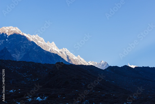 Snowy mountain peaks at dawn in the Himalayas Manaslu region