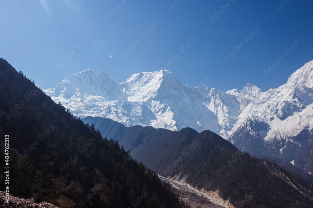 Snowy mountain peaks in the Himalayas Manaslu region