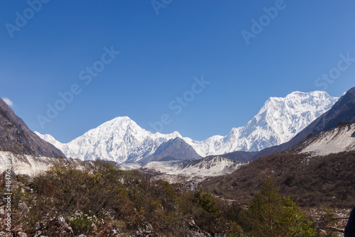 View of snow-capped mountain peaks in the Himalayas Manaslu region