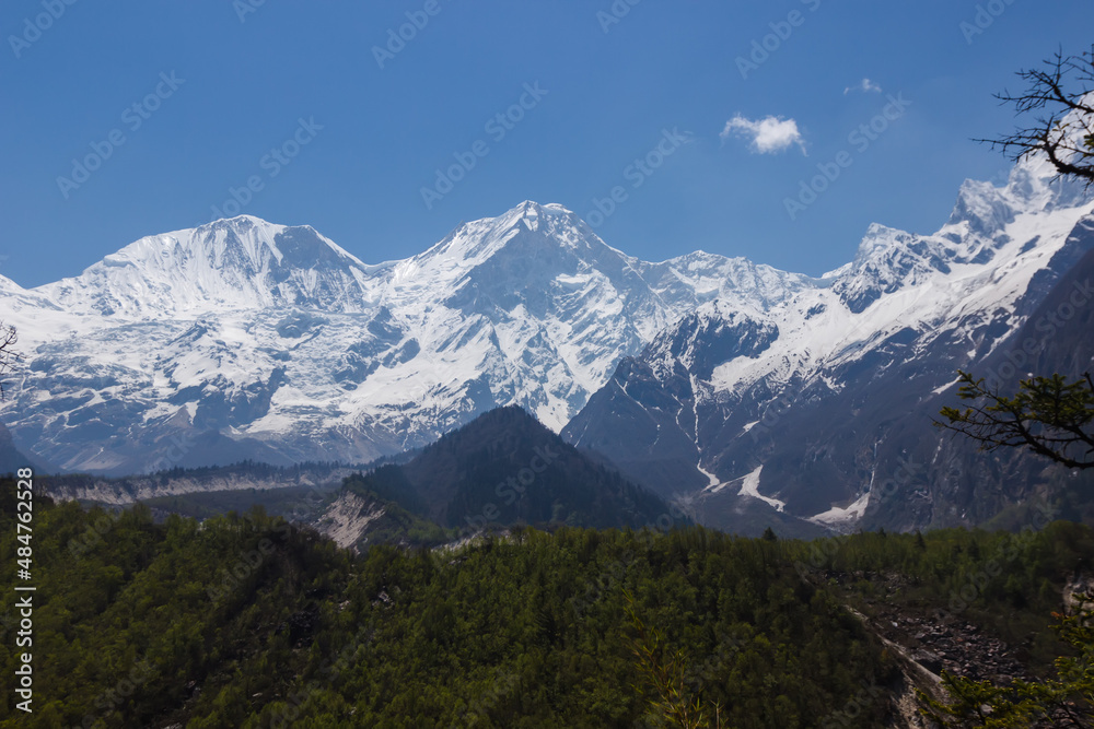 View of snow-capped mountain peaks in the Himalayas Manaslu region
