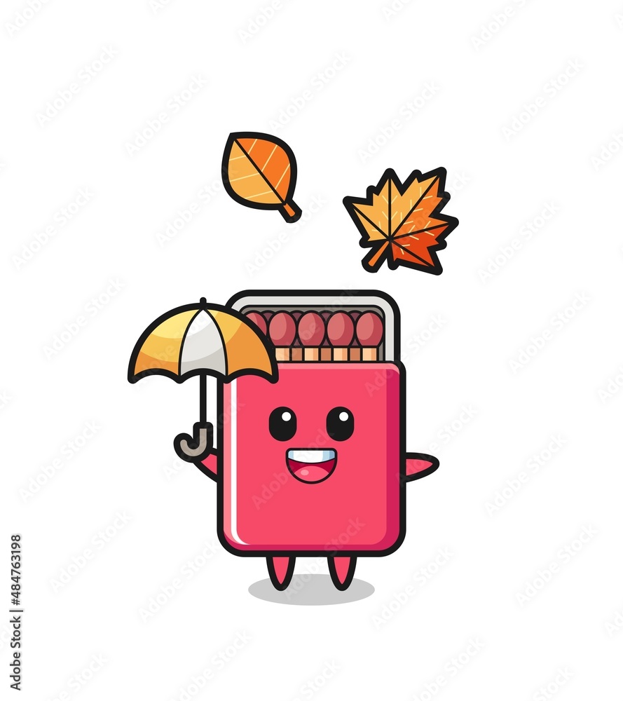 cartoon of the cute matches box holding an umbrella in autumn cartoon of the cute matches box holding an umbrella in autumn
