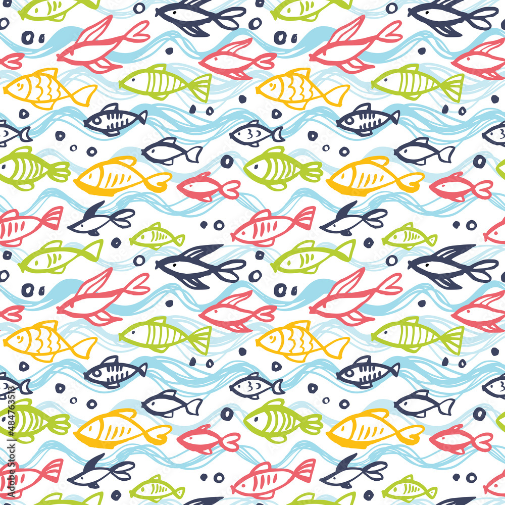 Fototapeta premium Seamless pattern with bright fishes. Handwork.