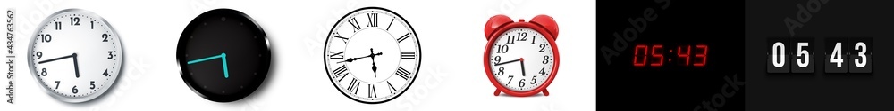 05:43 (AM and PM) or 17:43 time clock icons 05:43 (AM and PM) or 17:43 time clock icons