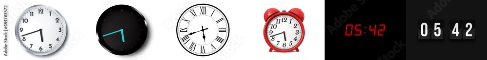 05:42 (AM and PM) or 17:42 time clock icons
