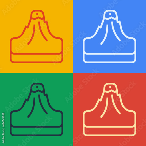 Pop art line Volcano icon isolated on color background. Vector