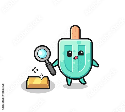 popsicles character is checking the authenticity of the gold bullion