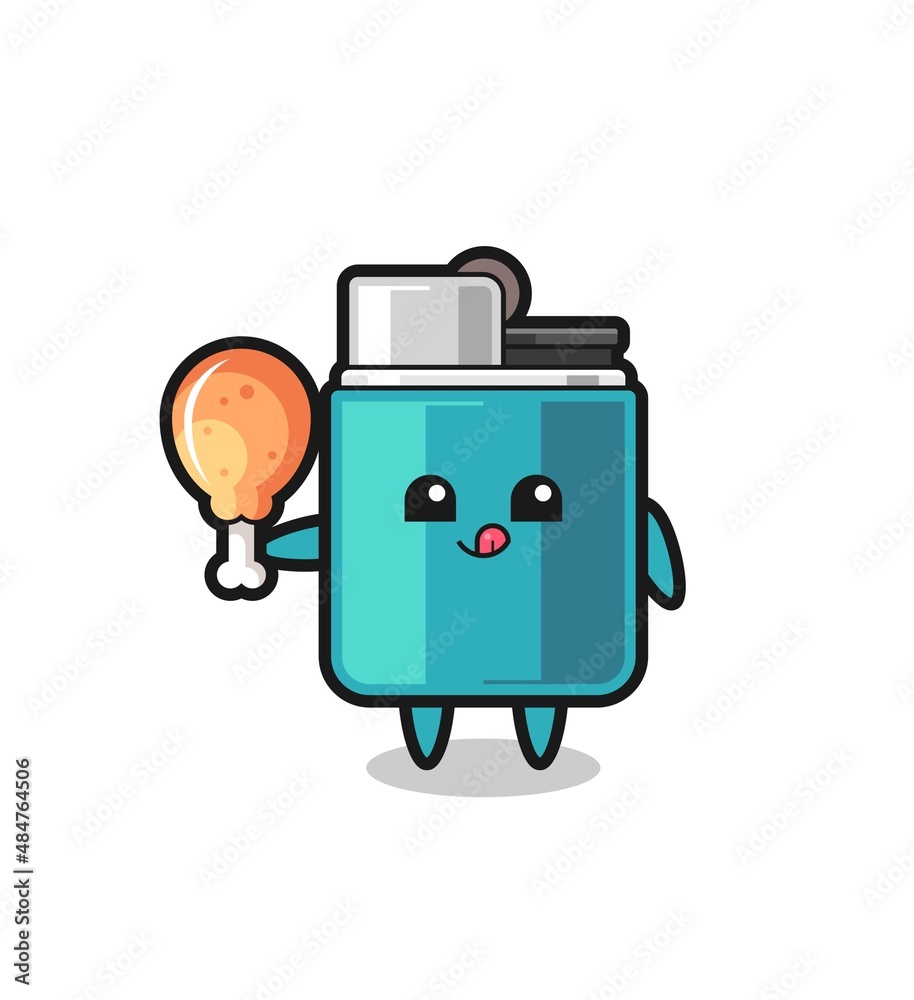 lighter cute mascot is eating a fried chicken