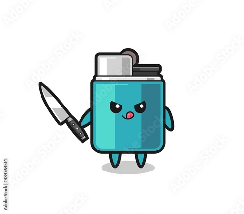 cute lighter mascot as a psychopath holding a knife