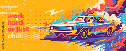 Colorful abstract graffiti design with muscle car and various splashing shapes. Vector illustration.