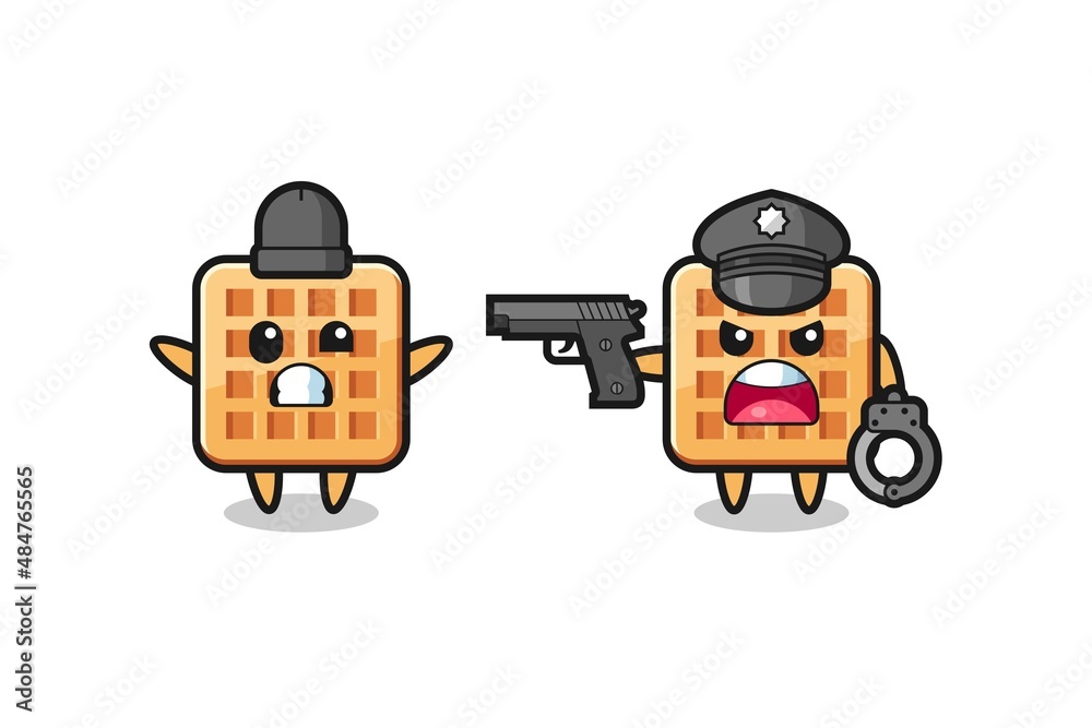 illustration of waffle robber with hands up pose caught by police illustration of waffle robber with hands up pose caught by police