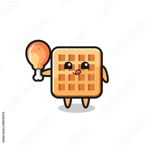 waffle cute mascot is eating a fried chicken