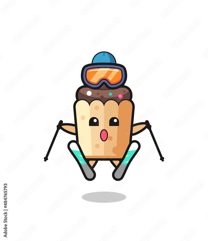 cupcake mascot character as a ski player