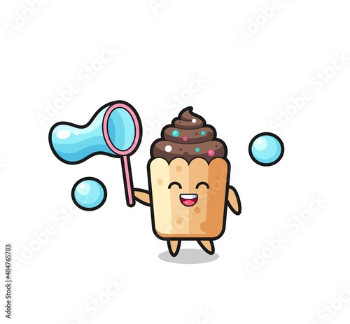 happy cupcake cartoon playing soap bubble