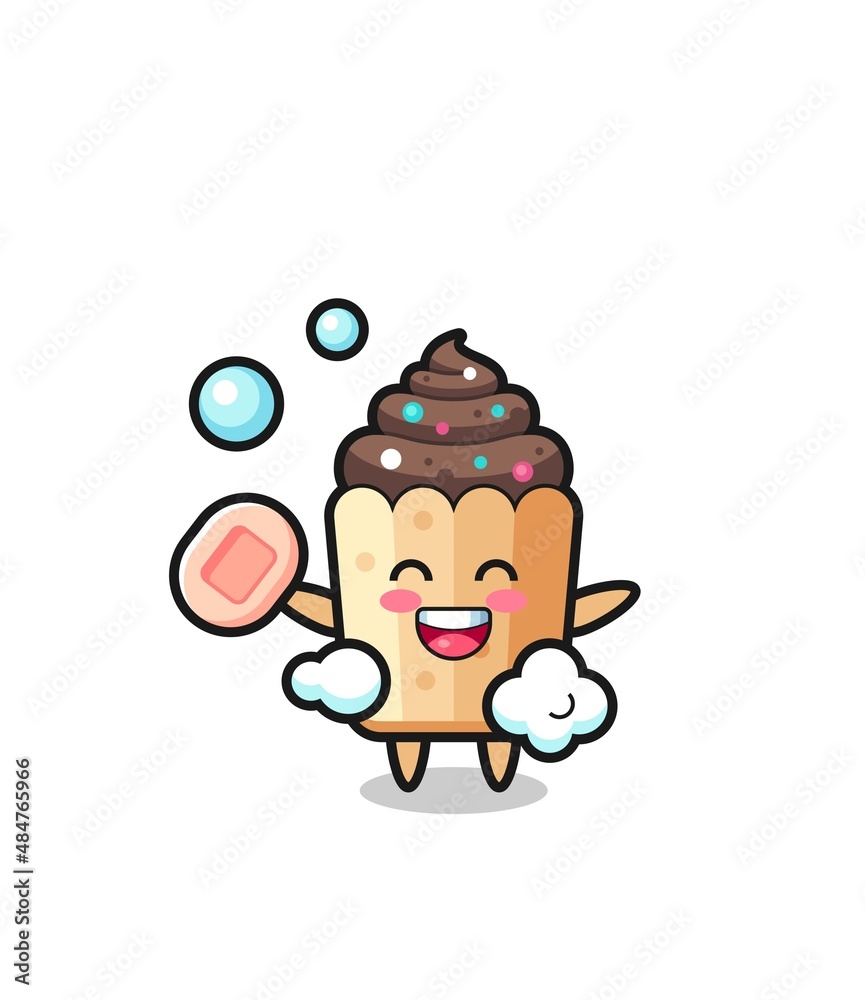 cupcake character is bathing while holding soap