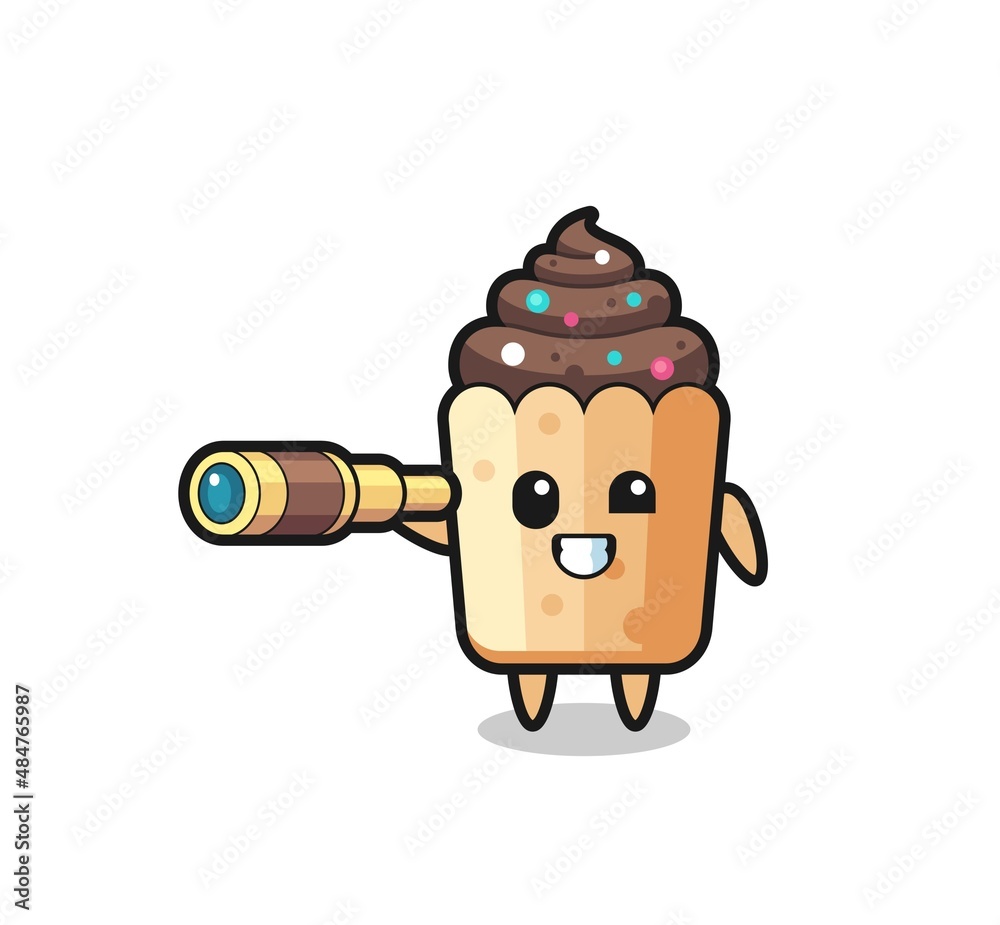 Fototapeta premium cute cupcake character is holding an old telescope