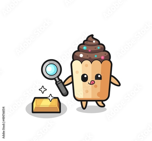 cupcake character is checking the authenticity of the gold bullion