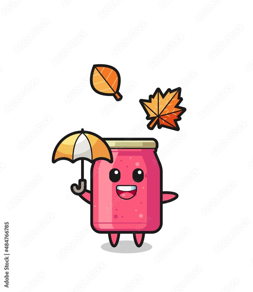 cartoon of the cute strawberry jam holding an umbrella in autumn cartoon of the cute strawberry jam holding an umbrella in autumn
