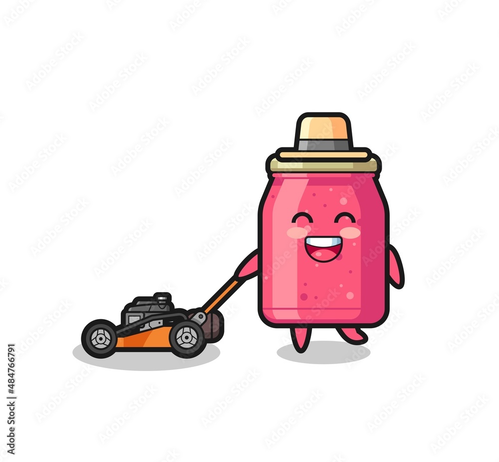 illustration of the strawberry jam character using lawn mower illustration of the strawberry jam character using lawn mower