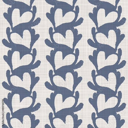 French blue botanical leaf linen seamless pattern with 2 tone country cottage style motif. Simple vintage rustic fabric textile effect. Primitive modern shabby chic kitchen cloth design.