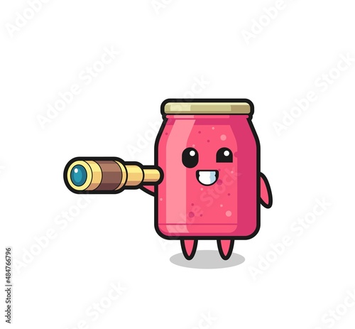 cute strawberry jam character is holding an old telescope