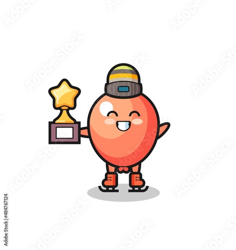 balloon cartoon as an ice skating player hold winner trophy