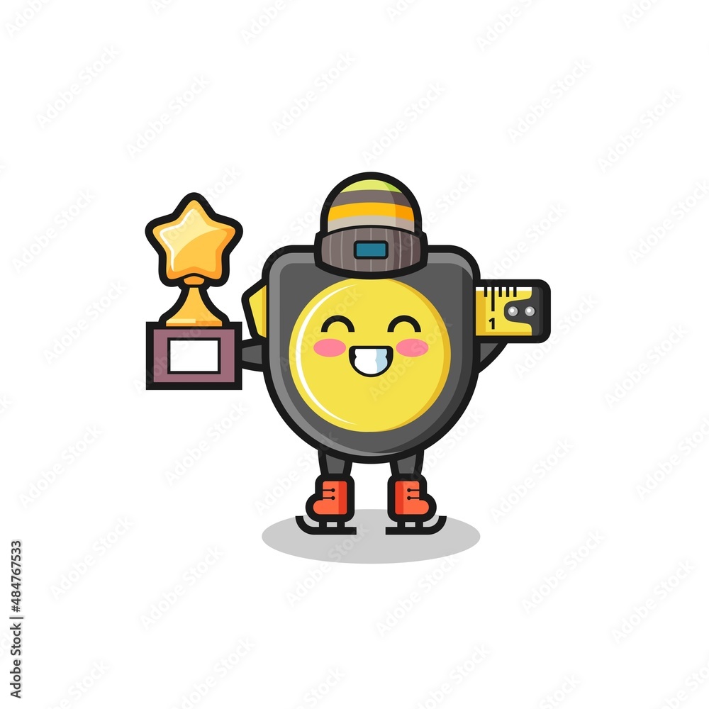Fototapeta premium tape measure cartoon as an ice skating player hold winner trophy