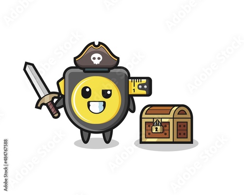 the tape measure pirate character holding sword beside a treasure box