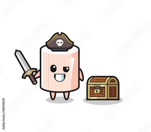 the tissue roll pirate character holding sword beside a treasure box