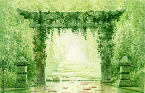 An ancient stone thorium overgrown with climbing plants. Japanese theory in the green forest. Exquisite overgrown temple gates painted in watercolor.