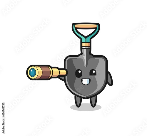 cute shovel character is holding an old telescope