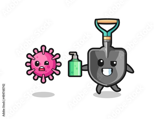 illustration of shovel character chasing evil virus with hand sanitizer