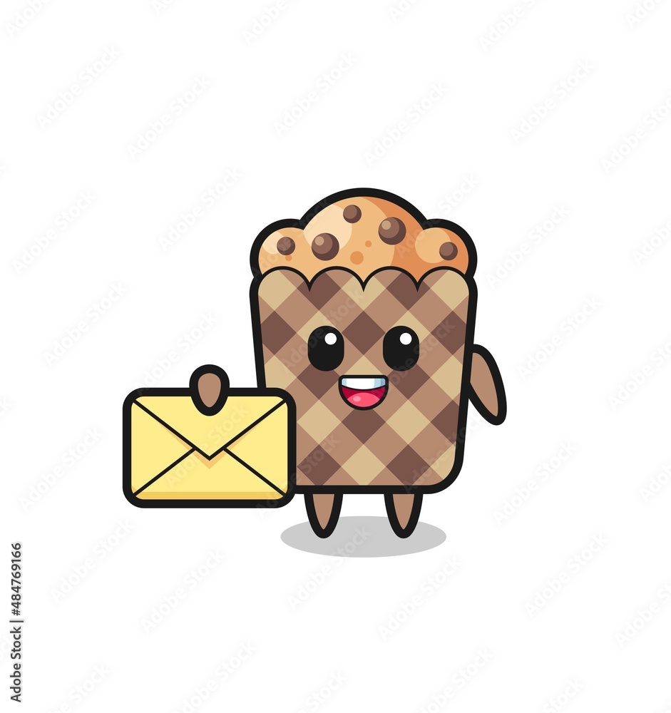 cartoon illustration of muffin holding a yellow letter