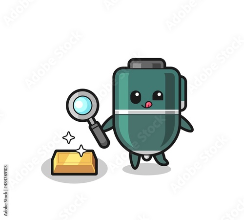 ballpoint character is checking the authenticity of the gold bullion