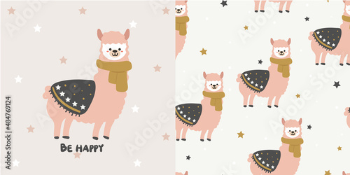 hand drawing Illustration and seamless pattern with cute cartoon llama
